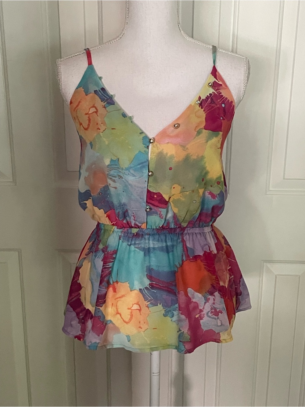 Multicolor Floral Watercolor V-Neck Spaghetti Strap Peplum Top